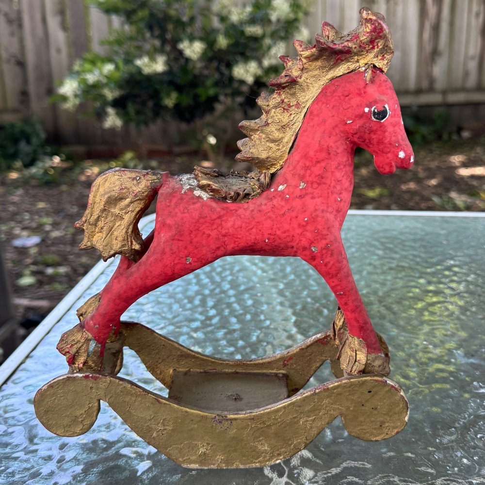 Vintage Red and Gold Rocking Horse‎ Figurine Primitive Decorative Folk Art 8.5in
